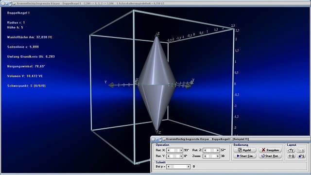 MathProf - Geometrische Körper im Raum - Doppelkegel - Oberflächeninhalt - Flächenberechnung - Definition - Formel - Oberflächenberechnung - Flächeninhalt - Volumen - Oberfläche - Mantelfläche - Radius - Umfang - Schwerpunkt - Grundfläche - Rauminhalt - Stereometrie - Grafische Darstellung - Eigenschaften - Darstellen - Plotten - Formeln - Grafik - Zeichnen - Plotter - Rechner - Berechnen - Schaubild