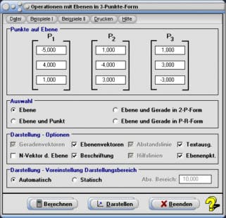 MathProf - Ebene - Drei-Punkte-Form - Lagebeziehung - Abstand - Durchstoßpunkt - Lotgerade - Spurpunkte - Rechner - Berechnen - Berechnung - Zeichnen