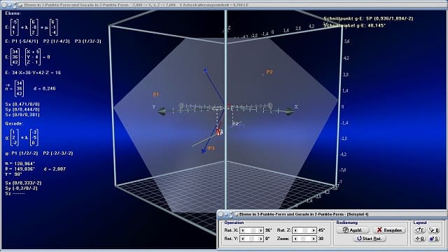 MathProf - Ebene in Drei-Punkte-Form - Gerade - Schnittpunkt - Windschief - Lagebeziehung Gerade - Ebene - Spurpunkte - Abstand - Gerade - Punkt  - Ebenen im Raum - Ebenengleichung - Durchstoßpunkt - Ebene durch 3 Punkte - Schnittpunkt Gerade Ebene - Vektorgeometrie - Abstand Ebene Gerade - Rechner - Formel
