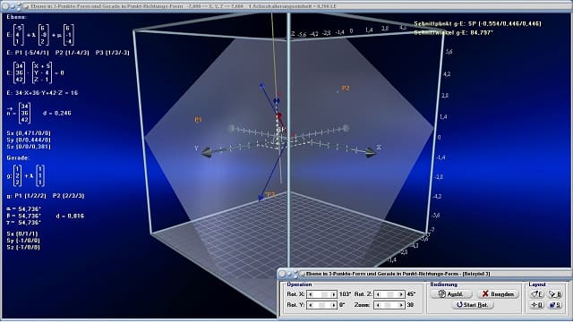 MathProf - Ebene - 3 Punkte - Ebene aus 3 Punkten - Ebene in 3-Punkte-Form - Ebene bestimmen - Ebene bilden - Gerade - Ebenengleichung in Drei-Punkte-Form - Winkel zwischen Gerade und Ebene - Spurpunkte einer Ebene in Drei-Punkte-Form - Ebene-Gerade - Ebene darstellen - Ebenengleichung aufstellen - Durchstoßpunkt einer Gerade - Abstand - Rechner - Berechnen - Zeichnen