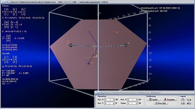 MathProf - Punkt und Ebene im Raum - Abstand zwischen Gerade und Ebene - Ebene durch 3 Punkte - Dreidimensional - 3D - Simulator - Schnittpunkt Gerade Ebene - Schnitt Ebene Gerade - Lagebeziehung Punkt-Ebene - Richtungsvektor einer Ebene - Ortsvektor einer Ebene - Lotvektor - Normalenvektor einer Ebene - Spurpunkte berechnen - Lotgerade  - Abstand einer Ebene vom Ursprung - Abstandsberechnung Punkt Ebene - Abstandsberechnung Gerade Ebene - Zeichnen von Ebenen im Raum - Lage Gerade-Ebene - Rechner - Berechnen - Zeichnen