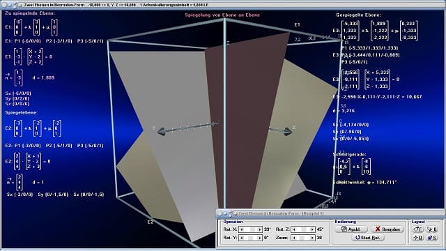 MathProf - Ebenen im Raum - Schittgerade - Schnittwinkel - Spielgelung - Lagebeziehung zweier Ebenen - Spurpunkte - Ortsvektoren - Richtungsvektoren - Schnittwinkel zweier Ebenen - Ebene - Lagebeziehung Ebene-Ebene - Schnittgerade zweier Ebenen - Schnittwinkel zwischen zwei Ebenen - Ebenengleichung