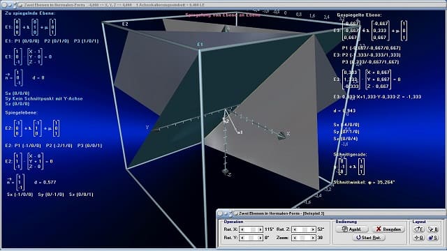 MathProf - Ebenen - Zwei Ebenen - Ebenen im Raum - Zeichnen - Lage - Form - Formen - Analyse - Lagebeziehung - Ebenengleichungen in verschiedenen Formen - Schnitt - Schnittgerade - 3D-Ansicht - Schnittwinkel - Gleichung - Schnittgerade zweier Ebenen - Schnittwinkel zweier Ebenen - Winkel zwischen Ebene und Ebene - Ebenen zeichnen - Rechner - Berechnen