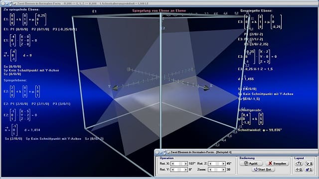 MathProf - Ebenen 3D - Vektordarstellung - Abstand Ebene Ebene - Lage zweier Ebenen - Analyse der Lage von Ebenen - Spiegelung einer Ebene - Allgemeine Normalengleichung - Abstandsberechung Ebene Ebene - Vektoren von Ebenen - Schnittgerade - Ebenen plotten - Parallele Ebenen - Ebenenspiegelung - Spiegelebene - Schnittwinkel Ebene Ebene - Rechner - Berechnen