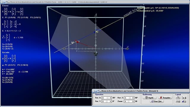 MathProf - Ebene - Koordinatengleichung - Normalvektor einer Ebene - Lotgerade - Ebenen und Geraden - Gerade - Ebene im Raum - Abstand zwischen Punkt und Ebene im Raum - Spurpunkte - Ebenen im Raum - Spurpunkte einer Ebene bestimmen - Richtungsvektor einer Ebene bestimmen - Ortsvektor einer Ebene bestimmen - Parallel zu einer Ebene liegende Geraden - Koordinaten - Abstand einer Ebene vom Ursprung - Vektorrechnung - 3D-Grafik - Schnitt Ebene Gerade