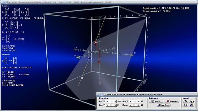 MathProf - Ebene in Normalenform - Gerade - Normalenform - Normalform - Normalengleichung einer Ebene - Ebene in Normalform - Ebene - Gerade - Normalenform einer Ebenengleichung - Schnittpunkt einer Gerade und einer Ebene - Koordinatenebenen - Gemeinsame Punkte - Ebenengleichung in Normalenform - Durchstoßpunkt einer Gerade durch eine Ebene - Spurpunkte berechnen - Rechner - Berechnen