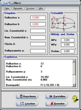 MathProf - Ellipse - Halbachsen - Halbparameter - Exzentrizität - Brennpunkt - Halbachse - Umfang - Brennpunkte - Ellipsenumfang - Lineare Exzentrizität - Numerische Exzentrizität - Berechnen - Rechner