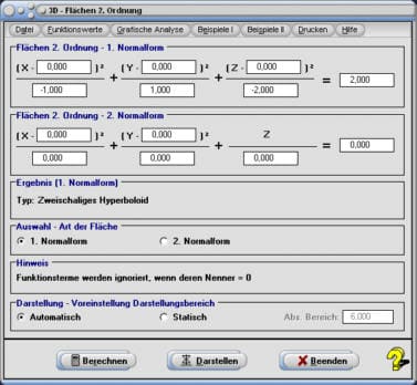 MathProf - Flächen 2. Ordnung - Kegelschnitte - Zweischaliges Hyperboloid - Elliptischer Doppelkegel - Elliptischer Zylinder - Elliptisches Paraboloid - Hyperbolisches Paraboloid - Quadriken - Normalform - Darstellen - Plotten - Graph - Grafik - Zeichnen - Plotter - Rechner - Berechnen