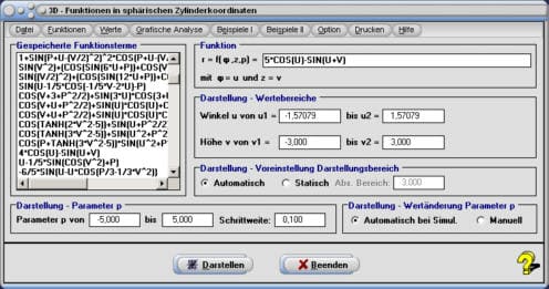MathProf - Zylinderkoordinaten - Oberfläche - Plotten - Rotation - Volumen - Funktion - 3D - Polare Koordinaten - Funktionsplotter - Funktionsplot - Fläche - Polarkoordinaten - Dreidimensional - Grafisch - Darstellen