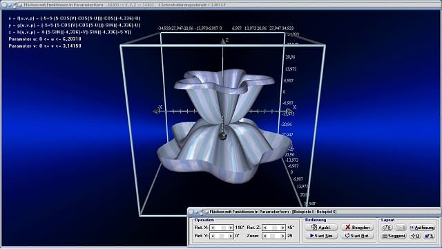 MathProf - Funktionen mehrerer Veränderlicher - Flächen in Parameterdarstellung - Parametrisierte Flächen - Parametrische Flächen - Parameter - 3D-Plotter - 3D-Funktionsplot - Plotten - 3D-Flächen - Funktion - 2 Variablen - Mehrdimensionale Funktionen - Funktionen mit mehreren Variablen - 3D-Plot - 3D-Grafik - Funktionsplotter - Funktionen mit 2 Variablen - Flächen im Raum - Grafisch - Darstellen - Graph - Grafik - Zeichnen - Schaubild - 2