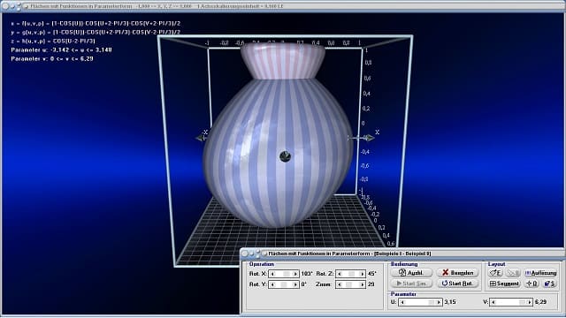 MathProf - Flächen in Parameterdarstellung (parametrisierte gekrümmte Flächen) - Parametrisierte Flächen - Parametrische Flächen - Parameter - 3D-Plotter - 3D-Funktionsplot - Plotten - 3D-Flächen - Funktion mit 2 Variablen - Mehrdimensionale Funktionen - Funktionen mit mehreren Variablen - 3D-Plot - 3D-Grafik - Funktionsplotter - Funktionen mit 2 Variablen - Flächen im Raum - Grafisch - Darstellen - Graph - Grafik - Zeichnen - Schaubild - 3