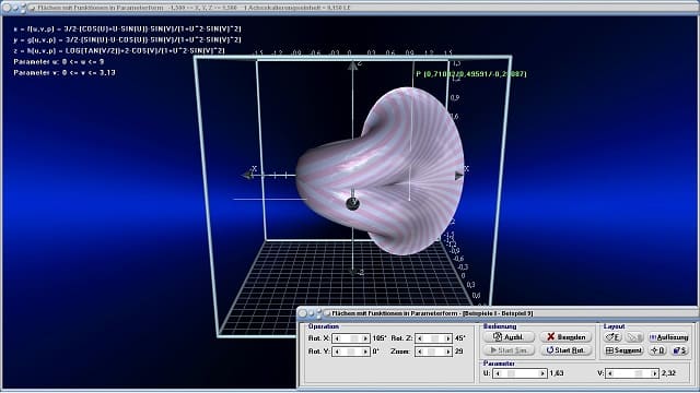 MathProf - Funktionen mehrerer Veränderlicher - Flächen in Parameterdarstellung - Parametrisierte Flächen - Parametrische Flächen - Parameter - 3D-Plotter - 3D-Funktionsplot - 3D-Flächen - Funktionsplotter - Funktion mit 2 Variablen - Mehrdimensionale Funktionen - Funktionswerte - 3D-Plot - 3D-Grafik - Funktionen mit 2 Variablen - Funktionen mit mehreren Variablen - Flächen im Raum - Grafisch - Darstellen - Plotten - Graph - Grafik - Zeichnen - Schaubild - 4