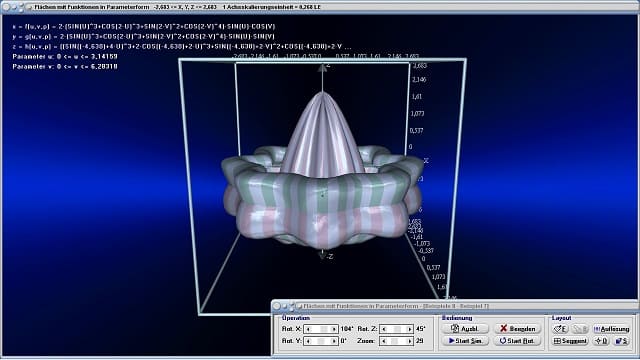 MathProf - Flächen in Parameterdarstellung (parametrisierte gekrümmte Flächen) - Parametrisierte Flächen - Parametrische Flächen - Parameter - 3D-Plotter - 3D-Funktionsplot - Plotten - 3D-Flächen - Funktion mit 2 Variablen - Mehrdimensionale Funktionen - 3D-Plot - 3D-Grafik - Funktionsplotter - Funktionen mit 2 Variablen - Funktionen mit mehreren Variablen - Flächen im Raum - Grafisch - Darstellen - Graph - Grafik - Zeichnen - Schaubild - 5