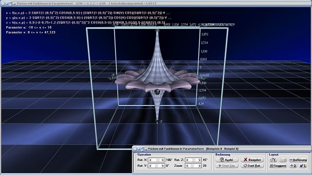 MathProf - Flächen in Parameterdarstellung (parametrisierte gekrümmte Flächen) - Parametrisierte Flächen - Parametrische Flächen - Parameter - 3D-Plotter - 3D-Funktionsplot - Plotten - 3D-Flächen - Funktion mit 2 Variablen - Mehrdimensionale Funktionen - 3D-Plot - 3D-Grafik - Funktionsplotter - Funktionen mit 2 Variablen - Flächen im Raum - Grafisch - Darstellen - Graph - Grafik - Zeichnen - Schaubild - 6