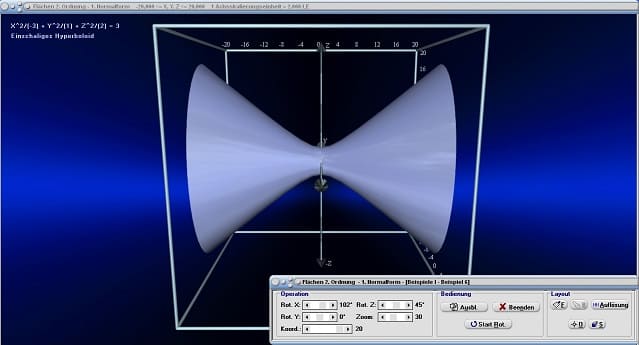 MathProf - Kegelschnitte - Flächen 2. Ordnung - Hyperbolid - Einschaliges Hyperbolid - 3D-Plot - Quadriken - Hyperboloid - Kegelschnitt - Rotationshyperboloid - Quadrik - 3D-Plotter - 3D-Grafik - Darstellen - Plotten - Graph - Grafik - Zeichnen - Plotter - Rechner - Berechnen - Schaubild