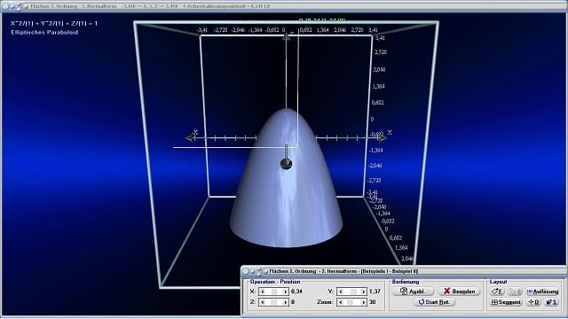 MathProf - Kegelschnitte - Flächen 2. Ordnung - Elliptisches Parabolid - 3D-Plot - Quadriken - Paraboloid - Paraboloide - Kegelschnitt - Rotationsparaboloid - Kegelschnittgleichung - Quadrik - Funktionswerte - 3D-Plotter - 3D-Grafik - Darstellen - Plotten - Grafisch - Grafik - Zeichnen - Plotter - Rechner - Berechnen