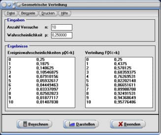 MathProf - Geometrische Verteilung - Wahrscheinlichkeitsrechnung - Tabelle - Zufallsvariable - Erwartungswert - Zufallsgröße - Wahrscheinlichkeitsfunktion - Wahrscheinlichkeitsverteilung - Wahrscheinlichkeitstabelle - Verteilungsfunktion - Dichtefunktion - Dichte - Verteilung - Wahrscheinlichkeit - Tabelle - Darstellen - Plotten - Grafik - Rechner - Berechnen