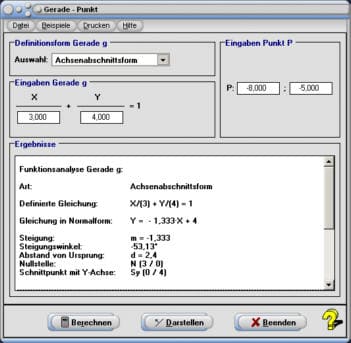 MathProf - Gerade - Punkt - Abstand - Nullstelle - Schnittpunkt - Gleichung - Steigung einer Gerade - Schnittpunkt einer Gerade mit der y-Achse - Nullstelle einer Gerade - Punktprobe - Abstand Gerade - Steigungsform einer Gerade - Allgemeine Form einer Gerade - Abstand einer Gerade vom Ursprung - Abstand zwischen zwei Punkten - Funktionsgleichung - Abstand Punkt Gerade - Lotgerade - Darstellen - Plotten - Grafisch - Rechner - Berechnen - Grafik - Zeichnen - Plotter