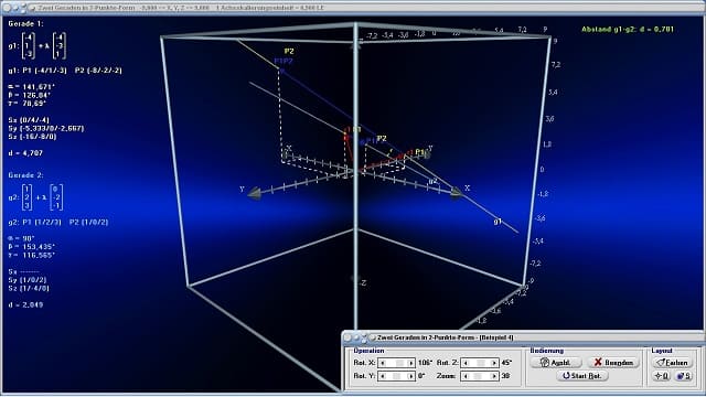 MathProf - Gerade - Windschiefe Geraden - Abstand Punkt-Gerade - Punktrichtungsgleichung - Gerade - Lagebeziehung Gerade-Gerade - Abstand zweier Geraden - Dreidimensional - Punkt - Bild - Funktion - Berechnung - Berechnen - Lage zweier Geraden - Abstand einer Gerade vom Ursprung - Vektorielle Gleichung - Vektorielle Parametergleichung