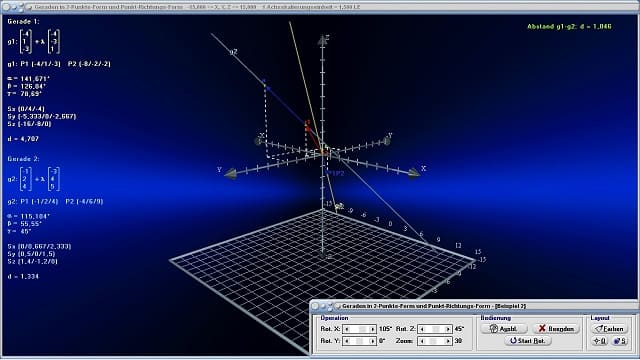 MathProf - Abstand windschiefer Geraden - Orthogonale Geraden im Raum - 3D-Grafik einer Geraden und ihrer Vektoren - Vektorielle Geradengleichung - Vektorrechnung im Raum - Gemeinsame Punkte - Schneidende Geraden - Abstand Ursprung Gerade - N-Vektor - R-Vektor - Geraden und Vektoren - Gerade und Richtungsvektor - Gerade und Ortsvektor - Richtungsvektor einer Geraden - Punktprobe - Normalabstand - Gegenseitige Lage von Geraden - Dreidimensional