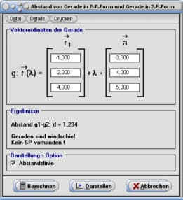 MathProf - Gerade - Abstand - Windschiefe Geraden -  Schnittwinkel - Schnittpunkt - Gerade im Raum - Spurpunkte - Rechner - Berechnen - Berechnung - Zeichnen
