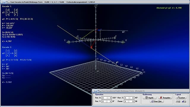 MathProf - Gerade im Raum - Zwei-Punkte-Form einer Gerade - Analytische Geometrie - Vektorgeometrie - Winkel zwischen zwei Geraden - Lagebeziehung zweier Geraden im Raum - Windschiefe Geraden - Sich schneidende Geraden - Schnittwinkel zweier Geraden - Abstand Punkt Gerade - Abstand Punkt-Punkt - Abstände berechnen - Abstände - Gerade durch 2 Punkte - Gerade in Zweipunkteform - Vektoren - Vektordarstellung einer Geraden - Raum - Darstellen - Plotten - Graph - Rechner - Berechnen - Grafik - Zeichnen - Plotter