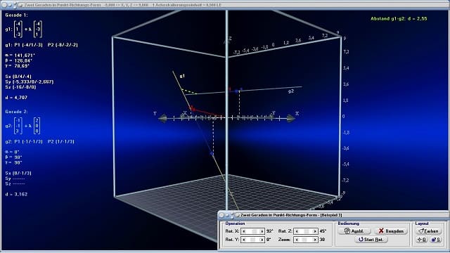 MathProf - Zweipunktegleichung einer Geraden - Geradengleichung in 2-Punkte-Form - 3D - Spurpunkte einer Gerade - Richtungsvektor einer Gerade - Ortsvektor einer Gerade - Abstand zweier Geraden - Abstand zweier Punkte im Raum - Schnittpunkt zweier Geraden - Geradengleichungen im Raum - Verbindungsvektor - Abstand Gerade-Gerade - Schnittpunkt Gerade-Gerade - Winkel Gerade-Gerade - Abstand - Distanz - Position - Lot - Gleichung - Grafik - Raum - Räumlich - Plotter - Rechner - Berechnen - Graph - Grafikrechner - Beispiel - Zeichnen - Plotten - Darstellen 