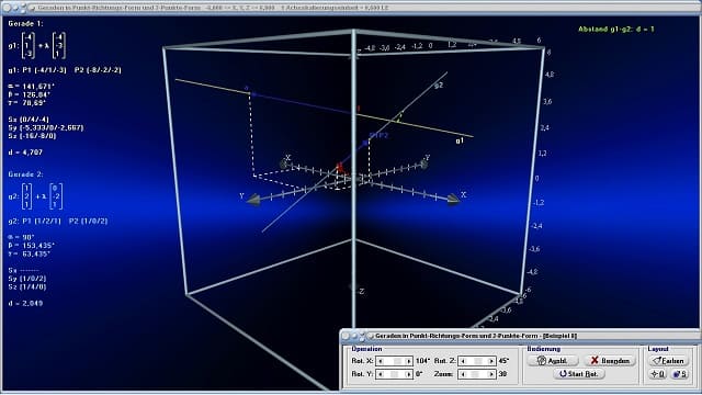 MathProf - Gerade in Zwei-Punkte-Form im Raum - Spurpunkte - Windschiefe Geraden - Gerade - Raum - Untersuchen - Untersuchung - Analyse - Lage einer Gerade - Lage zweier Geraden - Lage Gerade Gerade - Schnittwinkel zweier Geraden - Darstellung und Analyse der Lage von Geraden im Raum - Analyse, ob zwei Geraden senkrecht zueinander positioniert sind - Schnittpunkt zweier Vektoren - Abstand einer Gerade vom Ursprung - Distanz Punkt Gerade - Lagebeziehungen - Vektordarstellung - Vektorielle Darstellung von Geraden - Abstand zwischen zwei Punkten - Normalabstand Punkt Gerade - 3D - Geradengleichung - Aufstellen - Formel - Parameter - Richtungsvektor - Gegenseitige Lage von Geraden - Gerade durch Ursprung - Normalabstand  zweier Geraden - Geradengleichung umformen - Geradengleichung umwandeln - Lagebeziehung von Geraden im Raum - Punkte - Geradengleichung bestimmen - Darstellen - Plotten - Graph - Rechner - Berechnen - Grafik - Zeichnen - Plotter