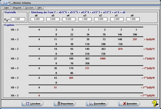 MathProf - Horner-Schema - Nullstellen - Ableitung- Bedeutung - Beschreibung - Definition - Beispiele - Bestimmen - Bestimmung - Reduziertes Polynom - Algorithmus - Stützstellen - Rest - Polynom - Grad - Darstellen - Plotten - Graph - Rechner - Berechnen - Berechnung - Zeichnen