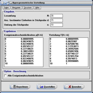 MathProf - Hypergeometrische Verteilung - Hypergeometrisch verteilt - Test - Mindestens - Höchstens - Lottozahlen - Lottoziehung - Glücksspiele - Glücksspiel - Chancen - Richtige im Lotto - Gewinnspiel - Gewinnspiele - Gewinnwahrscheinlichkeit - Wahrscheinlichkeit - Wahrscheinlichkeitstabelle - Dichte - Verteilung - Dichtefunktion - Verteilungsfunktion - Erwartungswert - Tabelle - Rechner - Berechnen