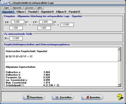 MathProf - Kegelschnitt - Ellipse - Hyperbel - Parabel - Brennpunkte - Brennstrahlen - Mittelpunkt - Halbachse - Scheitelpunkt - Evolute - Krümmungskreis - Asymptoten - Tangente - Normale - Halbachsen - Exzentrizität - Darstellen - Plotten - Graph - Rechner - Grafik - Zeichnen - Plotter