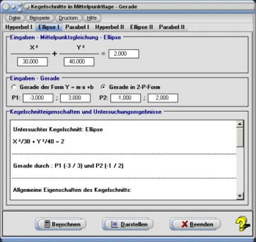 MathProf - Kegelschnitt - Gerade - Eigenschaften - Schnittpunkte - Ellipse - Hyperbel - Parabel - Brennpunkte - Evolute - Krümmungskreis - Asymptoten - Tangente - Normale - Halbachsen - Exzentrizität - Scheitelpunkt - Darstellen - Plotten - Graph - Rechner - Grafik - Zeichnen - Plotter