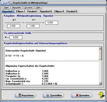 MathProf - Kegelschnitt - Mittelpunkt - Ellipse - Hyperbel - Parabel - Evolute - Plotten - Flächenberechnung - Mittelpunktsgleichung - Parameterform - Darstellen - Rechner - Grafik - Zeichnen - Plotter
