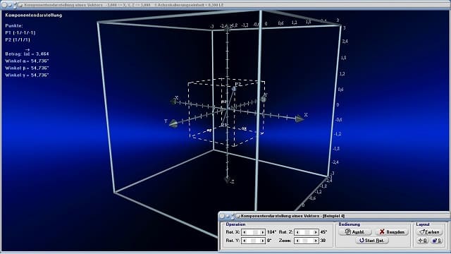MathProf - Vektoren multiplizieren - Betrag eines Vektors - Komponentendarstellung eines Vektors - Skalare Multiplikation - Vektoren 3D - Skalarmultiplikation eines Vektors - Richtungskosinus - Plotter - Graph - Rechner - Grafisch - Bilder - Plotten - Dreidimensional - 3D - Darstellung - Berechnen - Darstellen - Distanz zweier Punkte im Raum - Richtungswinkel eines Vektors - Skalar eines Vektors - Zeichnen
