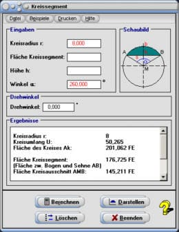 MathProf - Kreissegment - Kreisabschnitt - Bogen - Kreisteile berechnen - Länge - Radius - Sehnenlänge - Sehne - Kreissektor - Halbkreis - Bogenabschnitt - Kreisbogen - Kreisbogenlänge - Bild - Schwerpunkt - Kreissehne - Rechner - Berechnen - Grafik - Zeichnen