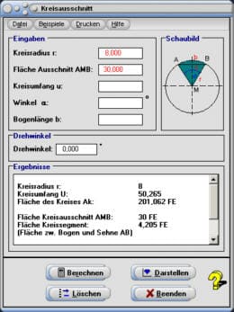 MathProf - Kreisausschnitt - Fläche - Bogenlänge - Länge - Bogen - Sehne - Schwerpunkt - Kreisbogen - Berechnen - Höhe - Radius - Winkel - Berechnen - Kreisteile - Rechner - Zeichnen - Halbkreis - Berechnungen am Kreis - Viertelkreis