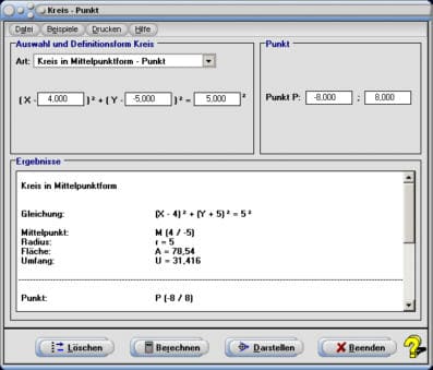 MathProf - Kreis - Punkt - Kreisgleichung - Abstand - Rechenformel - Rechenformeln - Kreisrechner - Kreis in Parameterdarstellung  Kreisformel - Kreisquerschnitt - Formel - Flächenformel - Gleichung - Kreisberechnung - Fläche - Umfang - Kreisfläche - Kreisumfang - Tangente - Kreistangente - Kreismittelpunkt - Kreisflächenberechnung - Darstellen - Rechner - Berechnen