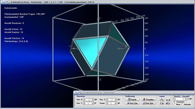 MathProf - Kuboktaeder - Bild - Flächenwinkel - Kantenwinkel - Volumen - Flächen - Punkte - Kanten - Flächen - Ecken - Eigenschaften - Formeln - Winkel - Tabelle - Darstellen - Zeichnen - Rechner - Berechnen