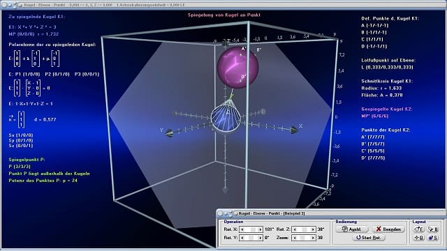 MathProf - Kugel - Berührpunkt - Spiegelung einer Kugel an einer Ebene - Lagebeziehungen im Raum - Lagebeziehung Kugel Punkt - Lage Kugel Ebene - Kugelgeometrie - Lagebeziehung Ebene Kugel - Schnittkreis - Spurpunkte einer Ebene - Abstand - Punkte - Graph - Bild - Zeichnen - Berechnung - Vektoren - R3 - Darstellen - Grafisch - Rechner - Berechnen - Plotten - Schnitt Kugel Ebene - Tangentialebene - Bestimmen - Gegenseitige Lage