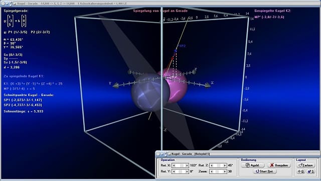 MathProf - Kugel - Raum - Räumlich - Gerade - Schnittpunkte - Graph - Koordinaten - Verändern - Veränderung - Ändern - Änderung - Zeichnen - Darstellung - Formeln - Gleichung - Parameterdarstellung - Dreidimensional - Berechnen - Bild - Beispiel - Kugelgleichung in Vektorform - Gegenseitige Lage