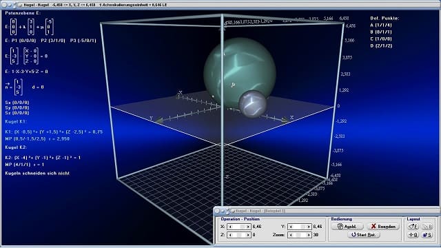 MathProf - Kugeln im Raum - Kugelgleichung - Schnittkreis zweier Kugeln - Schnittebene zweier Kugeln - Schnittpunkt zweier Kugeln - Lage zweier Kugeln - Rechner - Berechnen