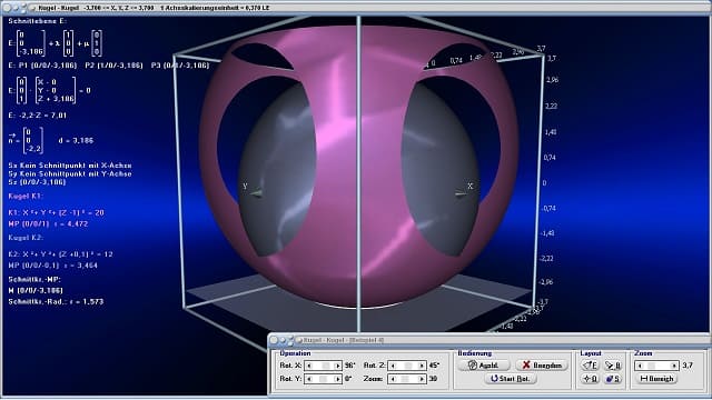 MathProf - Kugeln - Vektorrechnung mit Kugeln - Vektorielle Gleichung einer Kugel - Schnittkreis Kugel Kugel - Schnitt Kugel Kugel - Lagebeziehung Kugel Kugel - Zwei Kugeln - Kugeln schneiden sich - Kugelschnitt - Kugelgleichung im Raum - Dreidimensional - 3D - Bild - Darstellung - Berechnung - Berechnen - Rechner - Formeln