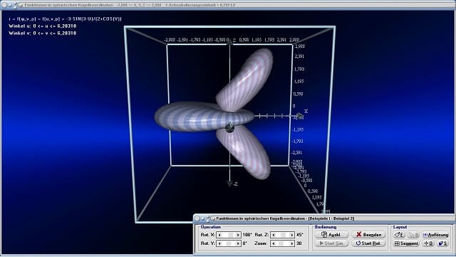 MathProf - Funktionen in Kugelkoordinaten - Flächen - Krummlinige Flächen - Kugelkoordinaten - 3D - Funktion - 3D Funktionsplotter - 3D-Plotter - Sphärische Koordinaten - Funktion - Fläche - Plotten - 3D-Funktionsplot - 3D-Flächen - 3D-Plot - Grafisch - Darstellen - Plotten - Graph - Grafik - Zeichnen - Schaubild - 1