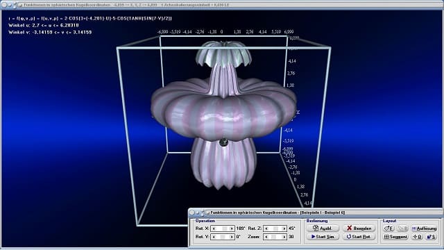 MathProf - Funktionen in Kugelkoordinaten - Flächen - Krummlinige Flächen - Kugelkoordinaten - 3D - Funktion - 3D Funktionsplotter - 3D-Plotter - Sphärische Koordinaten - Funktion - Fläche - 3D-Funktionsplot - 3D-Flächen - 3D-Plot - Grafisch - Darstellen - Plotten - Graph - Grafik - Zeichnen - Schaubild - 3