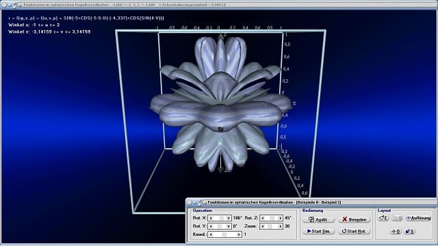 MathProf - Funktionen in Kugelkoordinaten - Flächen - Krummlinige Flächen - Kugelkoordinaten - 3D Funktionsplotter - 3D-Plotter - Sphärische Koordinaten - Funktion - Fläche - Plotten - 3D-Funktionsplot - 3D-Flächen - 3D-Plot - Grafisch - Darstellen - Plotten - Graph - Grafik - Zeichnen - Schaubild - 6