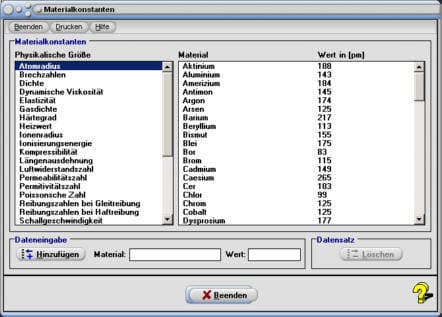 MathProf - Materialkonstanten - Tabelle - Volumenausdehnung - Materialkonstante - Volumenausdehnung - Wärmekapazität - Wärmeleitfähigkeit - Reibungszahl - Brechzahlen - Dichte - Dynamische Viskosität - Gasdichte - Härtegrad - Heizwert - Ionenradius - Liste