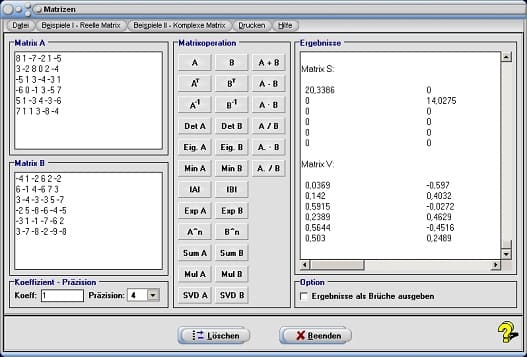 MathProf - Determinante - Singulärwertzerlegung - Skalarmultiplikation - Rechner - Berechnen - Invertierung - Invertieren - Potenzierung - Potenzieren - Faktorisierung - Multiplikation - Division - Multiplizieren -  Beispiel - Matrizenrechner - Komplexe Matrix - Rang einer Matrix - Matrix lösen - Matrizengleichung - Diagonalisieren