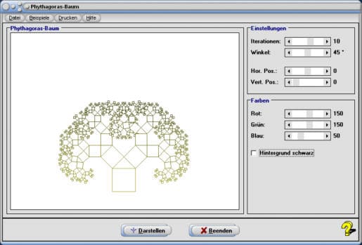 MathProf - Pythagoras-Baum - Programm - Zeichnen - Fraktale Objekte - Fraktale Geometrie - Selbstähnliche Figuren - Erklärung - Beschreibung - Definition - Rechner - Grafik