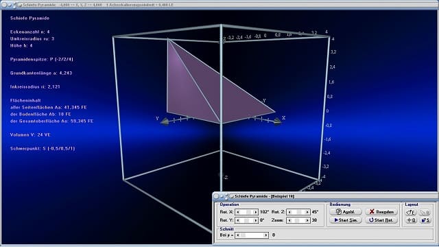 MathProf - Schiefe Pyramide - Definition - Flächeninhalt - Volumen - Oberfläche - Grundfläche - Rauminhalt - Beispiel - Eigenschaften - Formeln - Darstellen - Plotten - Graph - Grafik - Zeichnen - Plotter - Rechner - Berechnen - Schaubild
