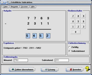 MathProf - Kopfrechnen - Kopfrechnung - Schnelles Kopfrechnen - Halbschriftliches - Minusaufgaben - Minus Zahl - Minus Zahlen - Abziehen - Natürliche Zahlen - Subtrahiert - Abziehverfahren - Trainer - Trainieren - Zahl - Schriftlich minus rechnen - Subtraktion zweier Zahlen - Minus rechnen - Schriftliche Subtraktion - Schriftliches Subtrahieren - Ganze Zahlen - Subtrahieren ganzer Zahlen - Rechner